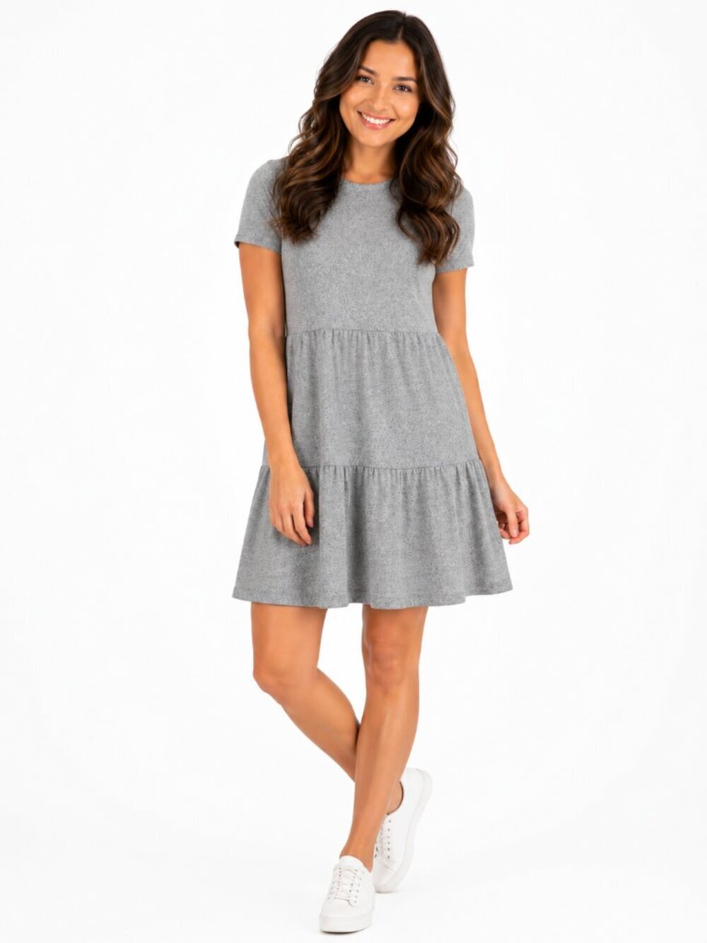 Nicole Miller Womens Gray Tiered Dress Short Sleeves Relaxed Fit Back to School